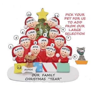 Family or Group of 11 Personalized Ornament with Custom Dog, Cat or Bunny Added -  11 People Ornament with Dog, Cat or Bunny Added