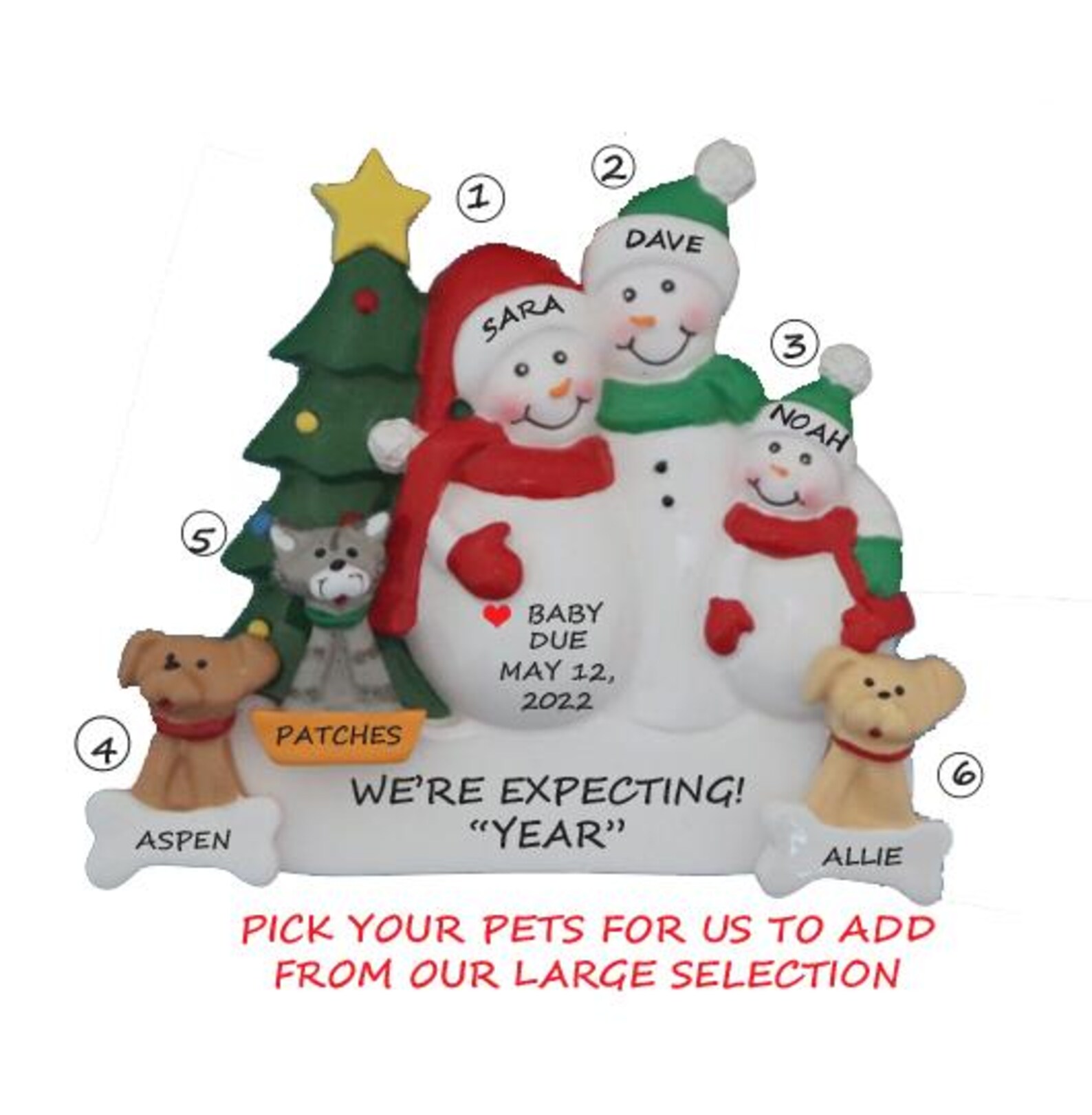Personalized Expecting Family of 3 With 3 Dogs or Cats Christmas ...