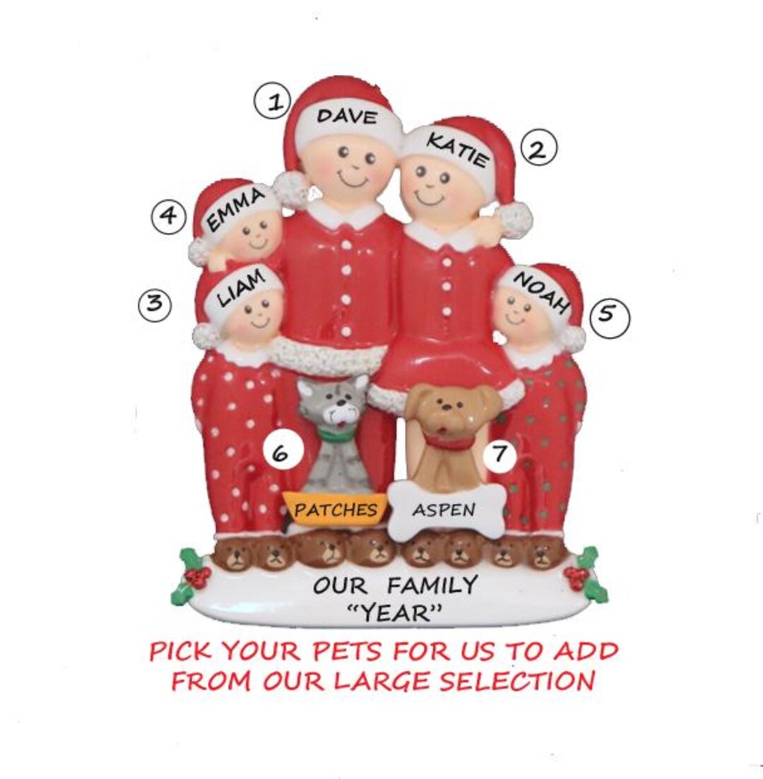 Personalized Family of 5 Ornament With 2 Dogs or Cats - Pajama Family ...