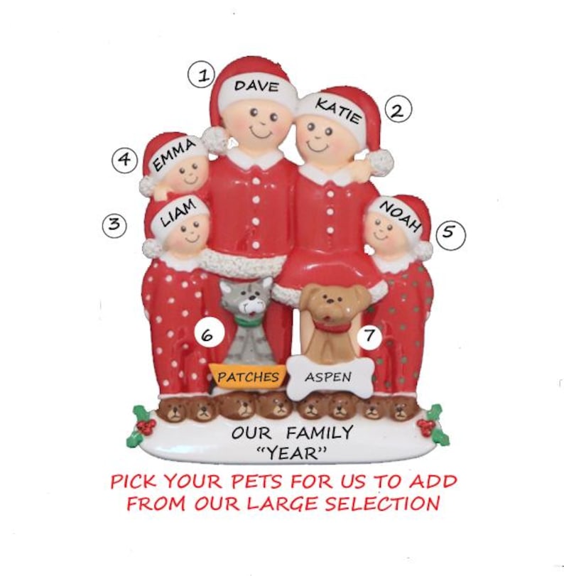 Personalized Family of 5 Ornament With 2 Dogs or Cats - Pajama Family ...