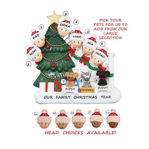 Family 6 Bannister Celebrating Christmas Personalized Christmas Ornament with 3 Dogs, Cats or Bunnies Added -Bi-Racial, Ethnic, Ornament