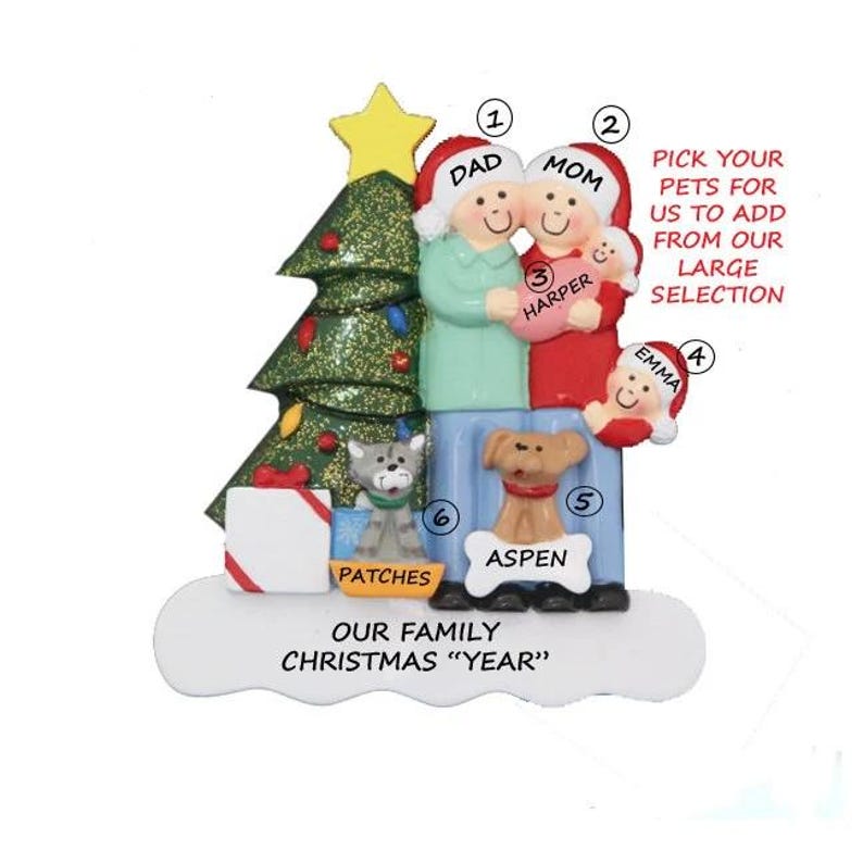 Family of 4 With Baby and 2 Dogs or Cats Personalized Ornament - Family ...