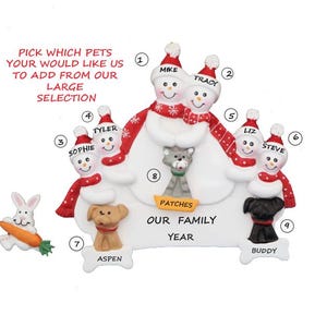 Snow Family of 6 Personalized Ornament with 3 Custom Dogs, Cats or Bunnies Added-Family of Six Personalized Ornament with three Custom Pets