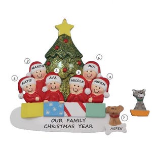 Family or Group of 6 Personalized Ornament with Custom Dog, Cat or Bunny Added -  6 People Ornament with Dog, Cat or Bunny Added