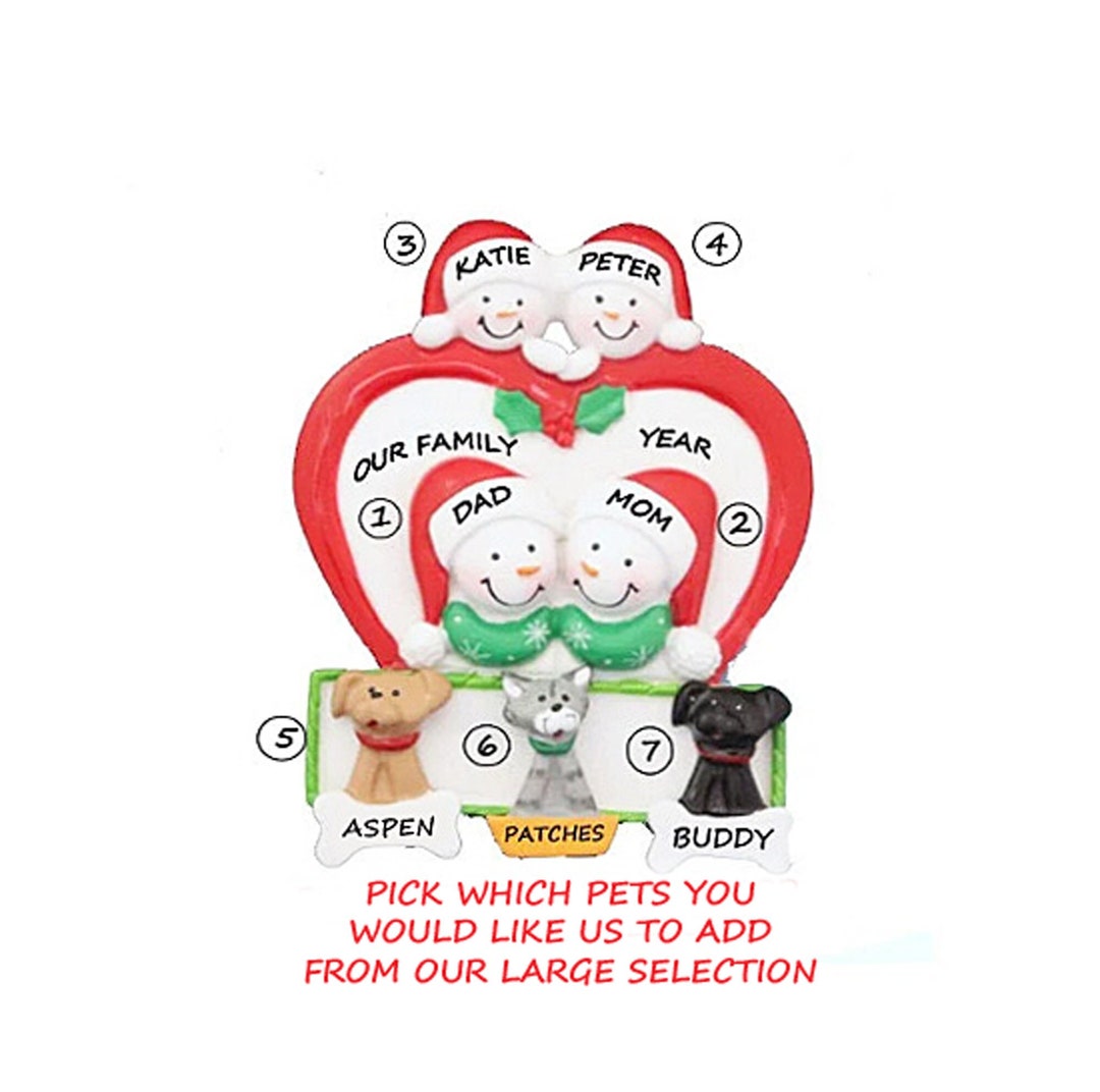 Cute Family of 4 With 3 Pets Personalized Ornament Merry Christmas With ...