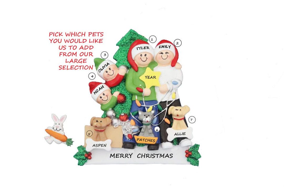 Family 4 With 3 Custom Pets Dogs or Cats Personalized Christmas ...