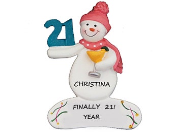 Snowman Turning 21 Personalized Christmas Ornament - Celebrating Turning 21 Personalized Ornament - Finally 21! Personalized Ornament