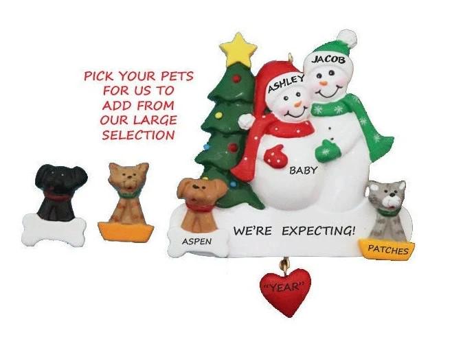 Expecting Snow Couple Personalized Christmas Ornament With 2 Dogs, Cats ...
