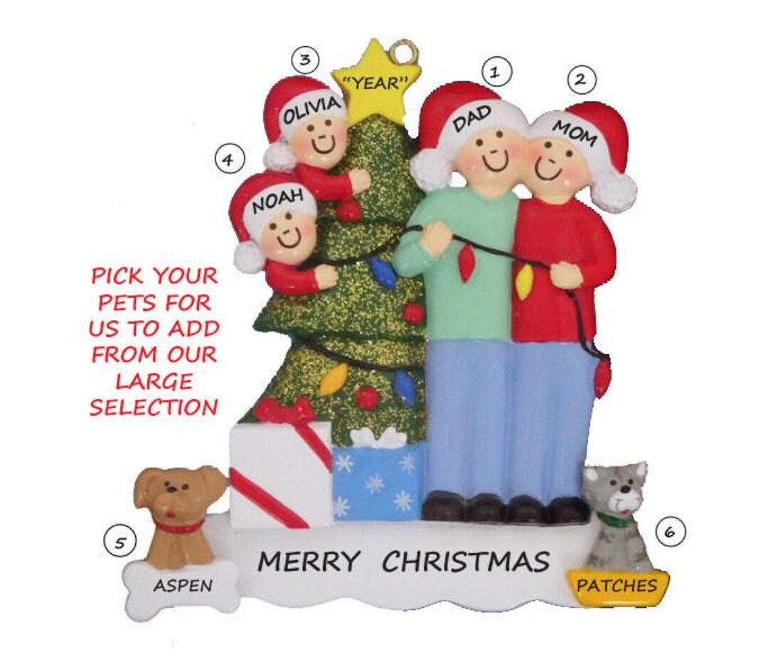 Family of 4 Personalized Ornament With 2 Custom Dogs-cats or Bunnies ...