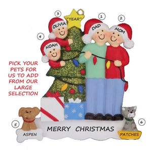 Family of 4 Personalized Ornament with 2 Custom Dogs-Cats or Bunnies Added-Family of Four Personalized Ornament with two Custom Pets Added