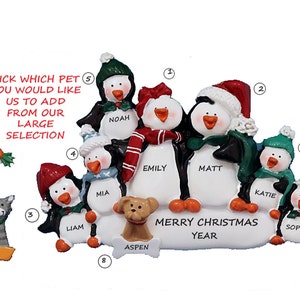 Personalized Family of 7 Penguin Ornament with Custom Dog, Cat or Bunny - Family Seven Personalized Christmas Ornament with Custom Pet Added