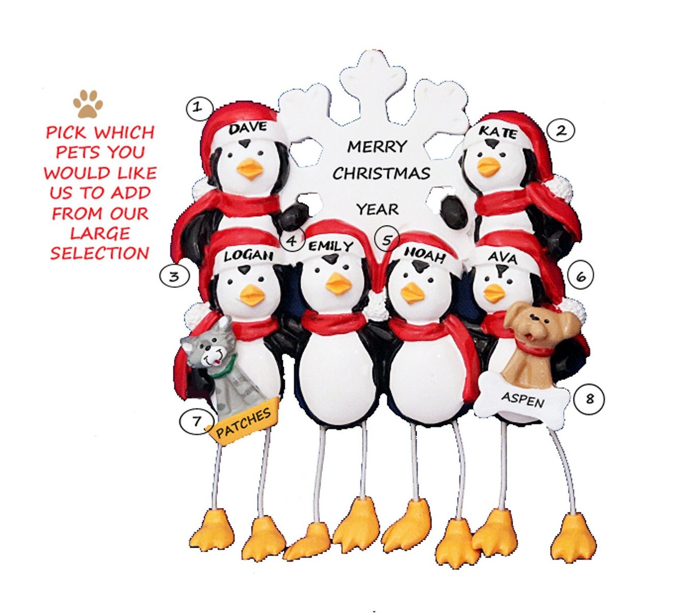 Family of 6 Personalized Ornament With 2 Custom Add on Dogs, Cats ...