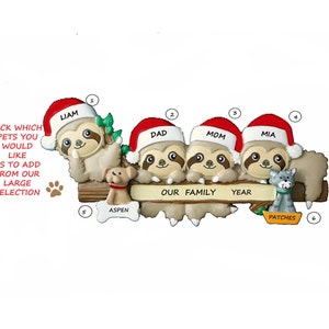 Sloth Family of 4 Personalized Ornament with 2 Custom Dogs, Cats or Bunnies Added - Family 4 with Dogs- Couple Ornament with Cats or Bunnies