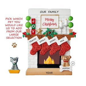 Family of 4 Stocking Fireplace Ornament with a Family Pet - Fireplace Ornament - Family 4 with Pet Fireplace Personalized Christmas Ornament