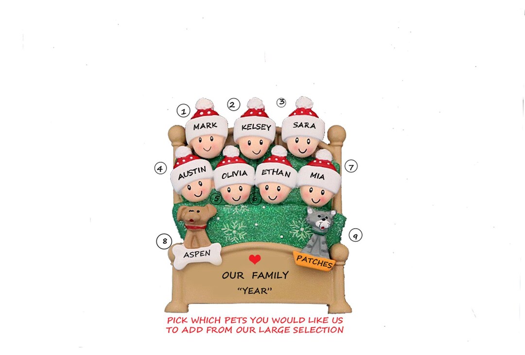Family of 7 Snuggled in Bed With 2 Dogs or Cats Added Personalized ...