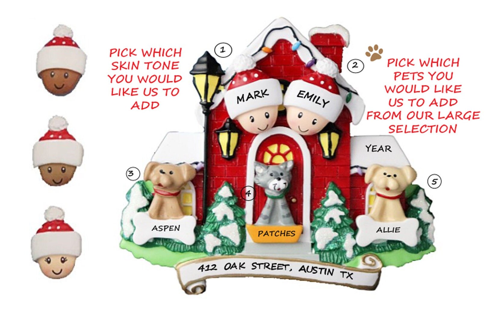 Couple in Home With 3 Custom Pets Christmas Ornament - African American ...