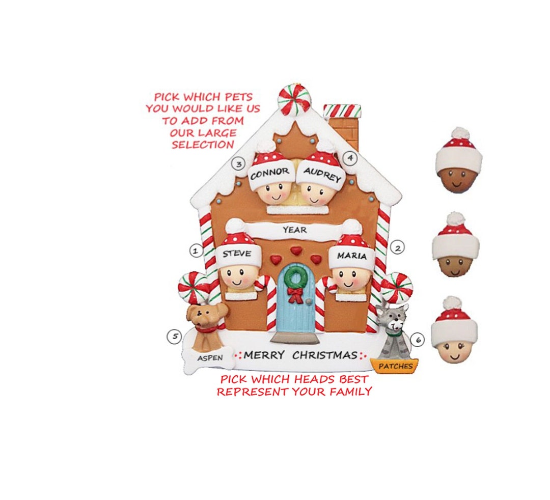 Family of 4 With 2 Pets Gingerbread House Christmas Ornament - Family ...