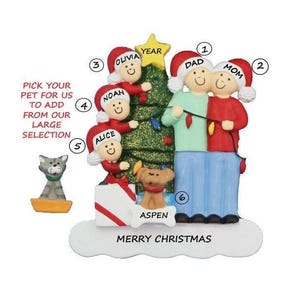 Family of 5 Personalized Ornament with Custom Dog, Cat or Bunny Added -Family of Five Personalized Ornament with Custom Pet Added
