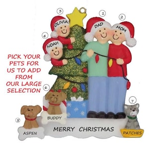 Family of 4 Personalized Ornament with 3 Custom Dogs Added-Family of 4 Ornament with 3 Custom Cats Added-Family of 4 with Custom Pets Added