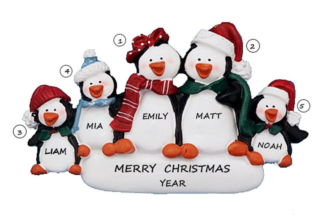 Family of 5 Personalized Christmas Ornament - Penguin Family of 5 ...