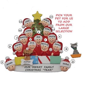 Family or Group of 13 Personalized Ornament with Custom Dog, Cat or Bunny Added -  13 People Ornament with Dog, Cat or Bunny Added