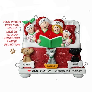 Cute Family of 4 With 3 Pets Personalized Ornament Merry Christmas With Custom Add On Dog, Cat, Bunny, Lizard, Hamster or Bird Added