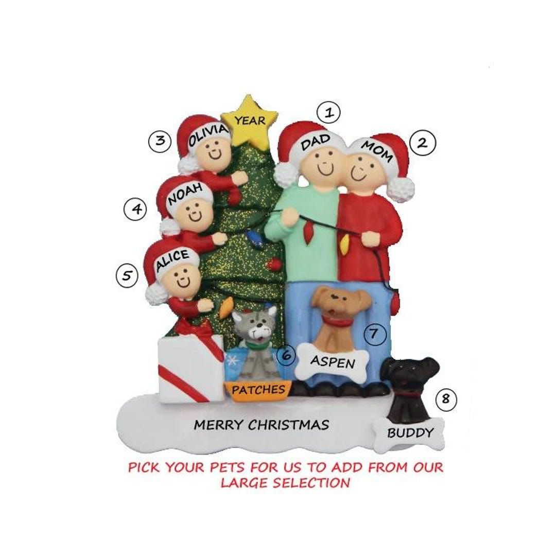 Family of 5 Personalized Ornament With 3 Dogs, Cats or Bunnies Added ...