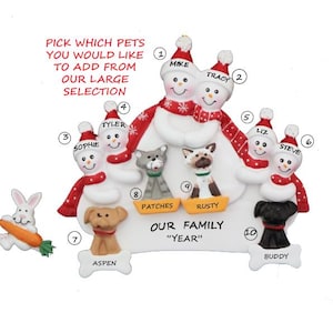 Snow Family of 6 Personalized Ornament with 4 Custom Dogs, Cats or Bunnies Added-Family of Six Personalized Ornament with Four Custom Pets