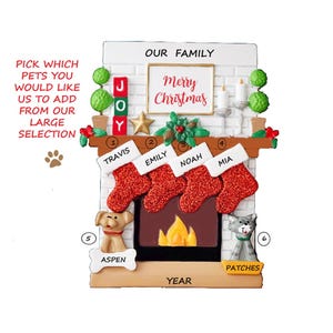 Family of 4 with 2 Pets Added Fireplace Stocking Ornament -Fireplace Ornament - Family with 2 Pets Fireplace Personalized Christmas Ornament