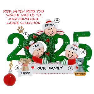 2025 Dated Ornament Family of 3 Christmas Together with 2 Dogs, Cats or Bunnies Added - 2025 Family of Three Ornament with Custom Pets Added