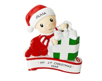 My First Christmas Baby Boy or Girl Personalized Ornament - Baby&#39;s Christmas Crawling to Presents Red Pajamas