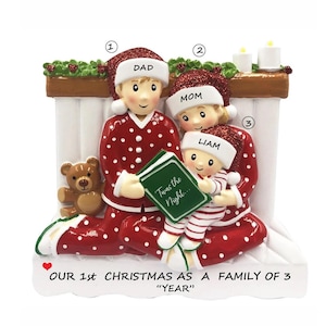 Personalized Ornament Reading in Bed Family of 3 - Bed Family of Three Christmas Ornament - Family of 3 Snuggled Together - Ethnic Skin Tone