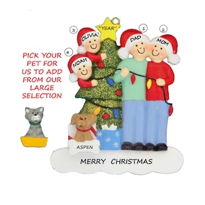 Family of 4 Personalized Ornament with Custom Dog, Cat or Bunny Added -Family of Four Personalized Ornament with Custom Pet Added