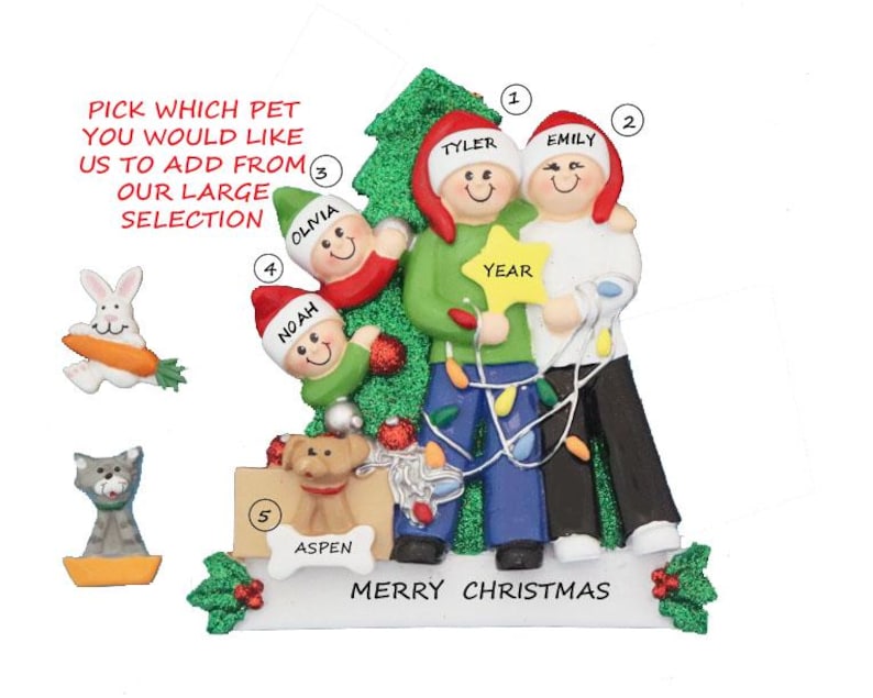 Family 4 With Custom Pet Dog, Cat or Bunny Personalized Christmas ...