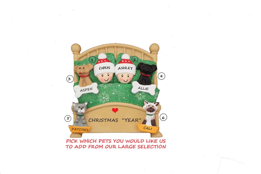 Personalized Couple Snuggled in Bed With 4 Dogs or Cats Added Christmas ...
