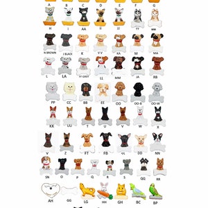 May include: A collection of colorful ceramic pet figurines, including dogs, cats, a turtle, a rabbit, and a bird. Each figurine is sitting on a bone-shaped base with a letter label.