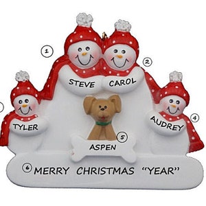 Family of 4 Personalized Ornament With New Dog or Puppy - Family 4 Rescued or Adopted Dog  Christmas Ornament