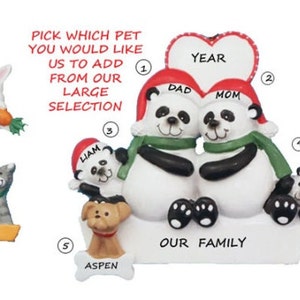 Panda Bear Family of 4 Personalized Ornament With Custom Add On Dog, Cat or Bunny - Family 4 Christmas Ornament with Custom Pet