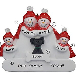 Family of 4 Personalized Ornament With New Dog or Puppy - Family 4 Rescued or Adopted Dog  Christmas Ornament
