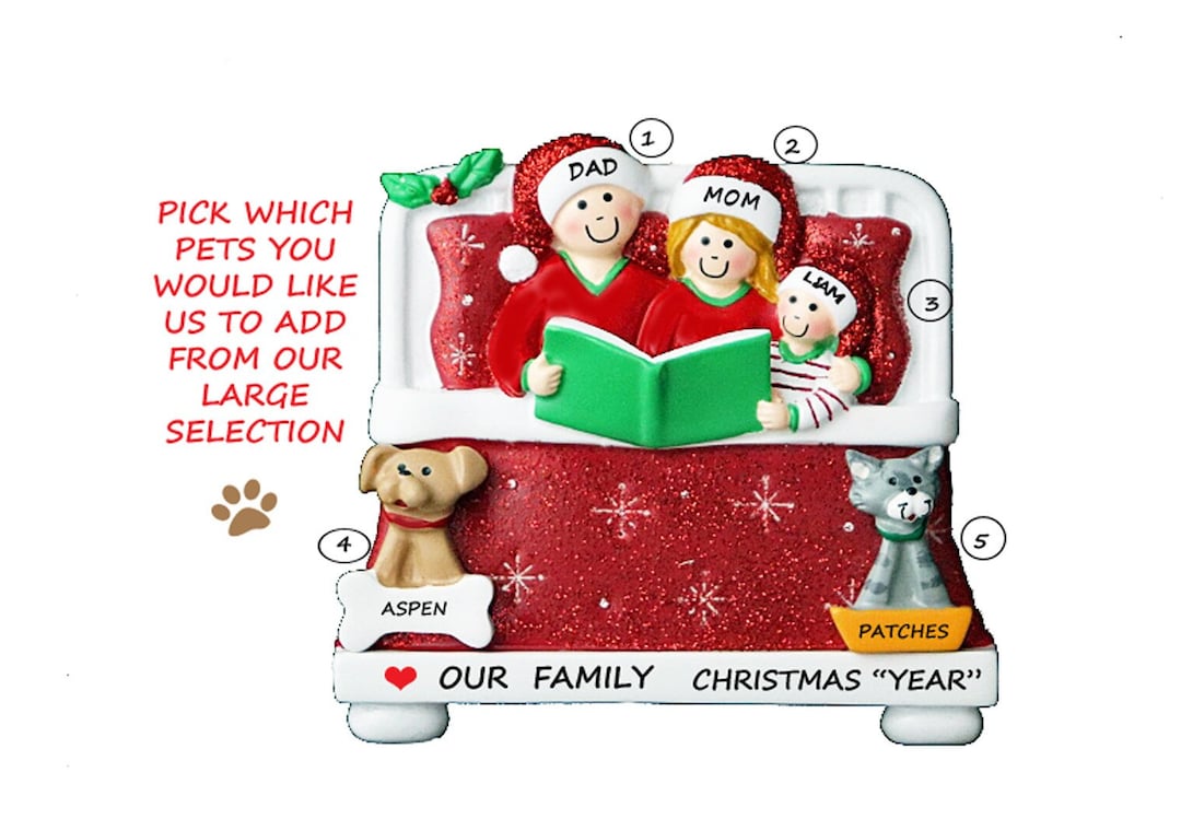 Personalized Bed Family of 3 Christmas Ornament With 2 Dogs ...
