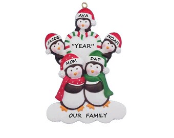 Family of 5 Personalized Christmas Ornament - Penguin Family of 5 ...