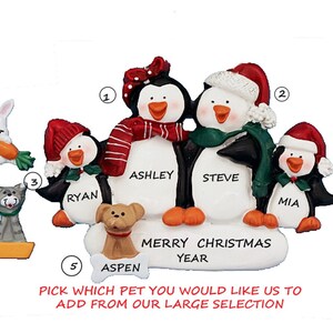 Penguin Family of 4 Personalized Ornament with Custom Dog, Cat, Bunny, Bird or Hamster Added - Family 4 with Dog -Ornament with Cat or Bunny
