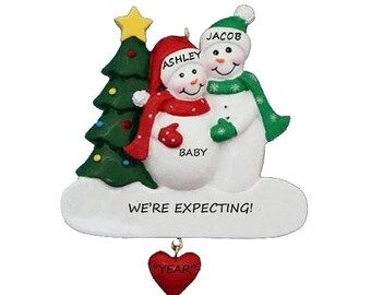 Expecting Snow Couple Personalized Christmas Ornament • Pregnant Snowman Ornament • Custom Baby Announcement Ornament - We're Expecting!