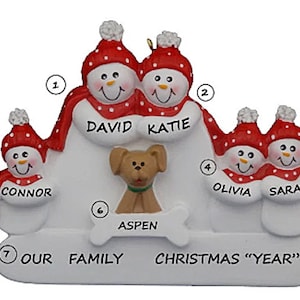 Family of 5 Personalized Ornament With New Dog or Puppy - Family 5 Rescued or Adopted Dog  Christmas Ornament