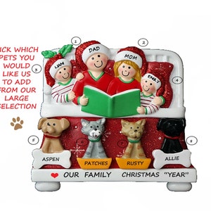 Bed Family 4 Personalized Ornament With  4 Custom Add On Pets, Dogs, Cats, Bunny, Lizard, Hamster, Turtle or Bird - 4 Custom Pets Added