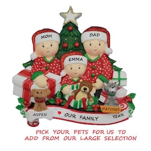 Family of Three Personalized Ornament Opening Presents with Dogs, Cats or Bunnies Added - Couple with Custom Dog or Cat Added Ornament