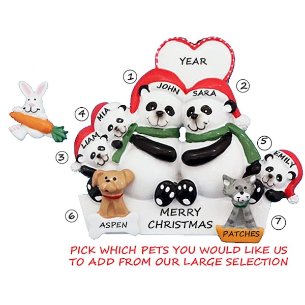 Panda Bear Family of 5 Personalized Ornament With  2 Custom Add On Dogs, Cats or Bunny - Family 5 Christmas Ornament with Custom Pet