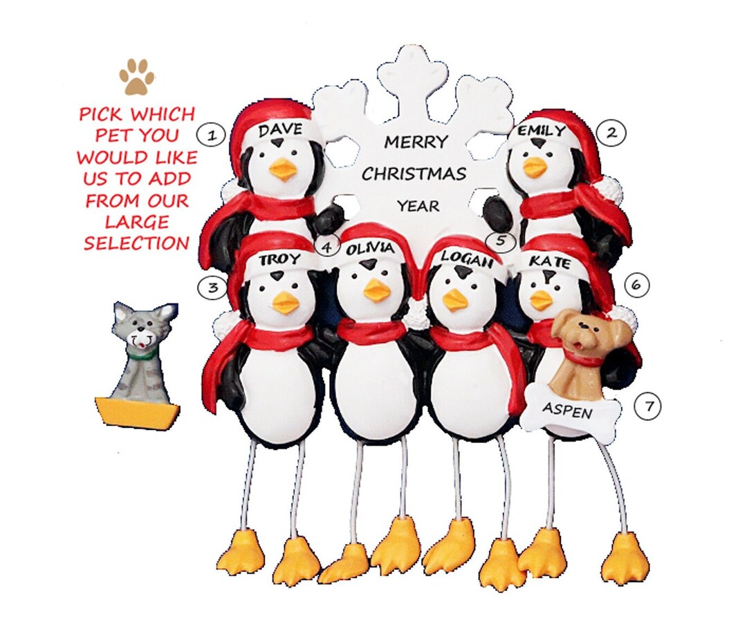 Penguin Family of 6 Ornament With Custom Dog or Cat Added - Family of ...