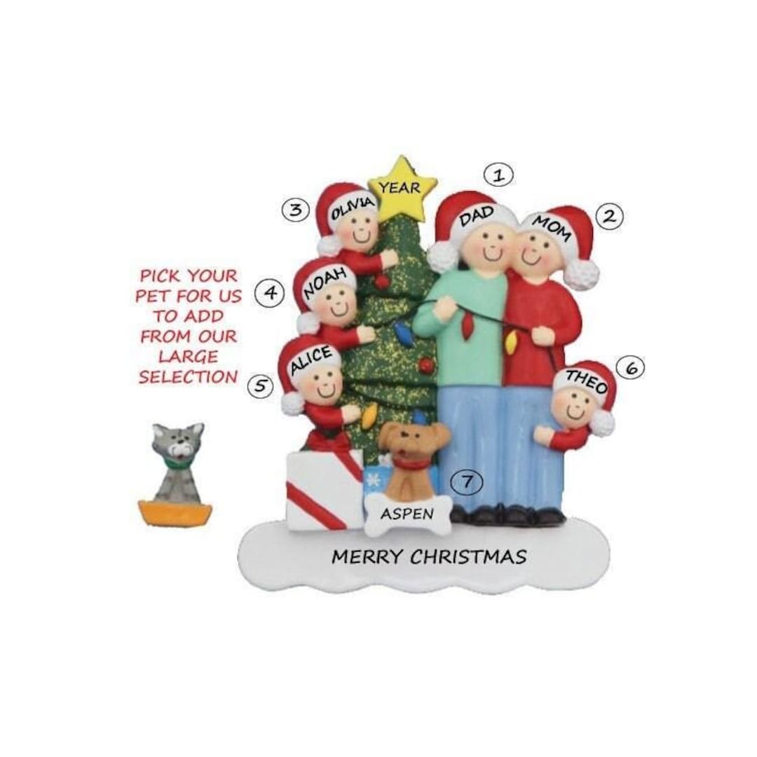 Family of 6 Personalized Ornament With Custom Dog, Cat or Bunny Added ...