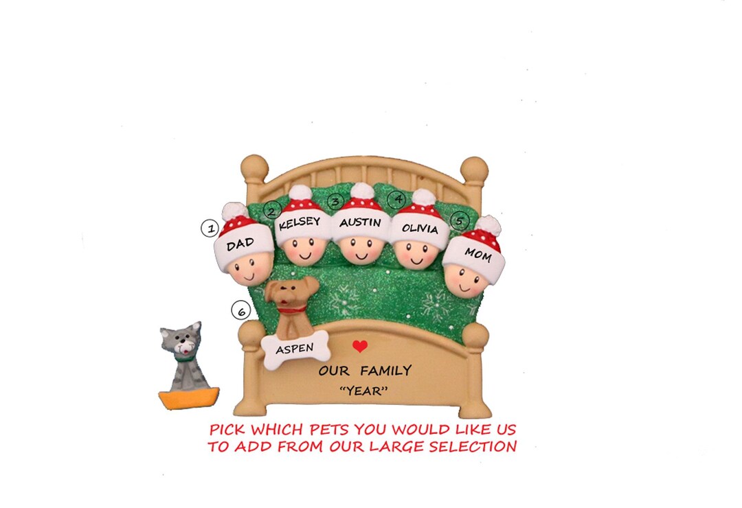 Personalized Family 5 Snuggled in Bed With Dog or Cat Christmas ...